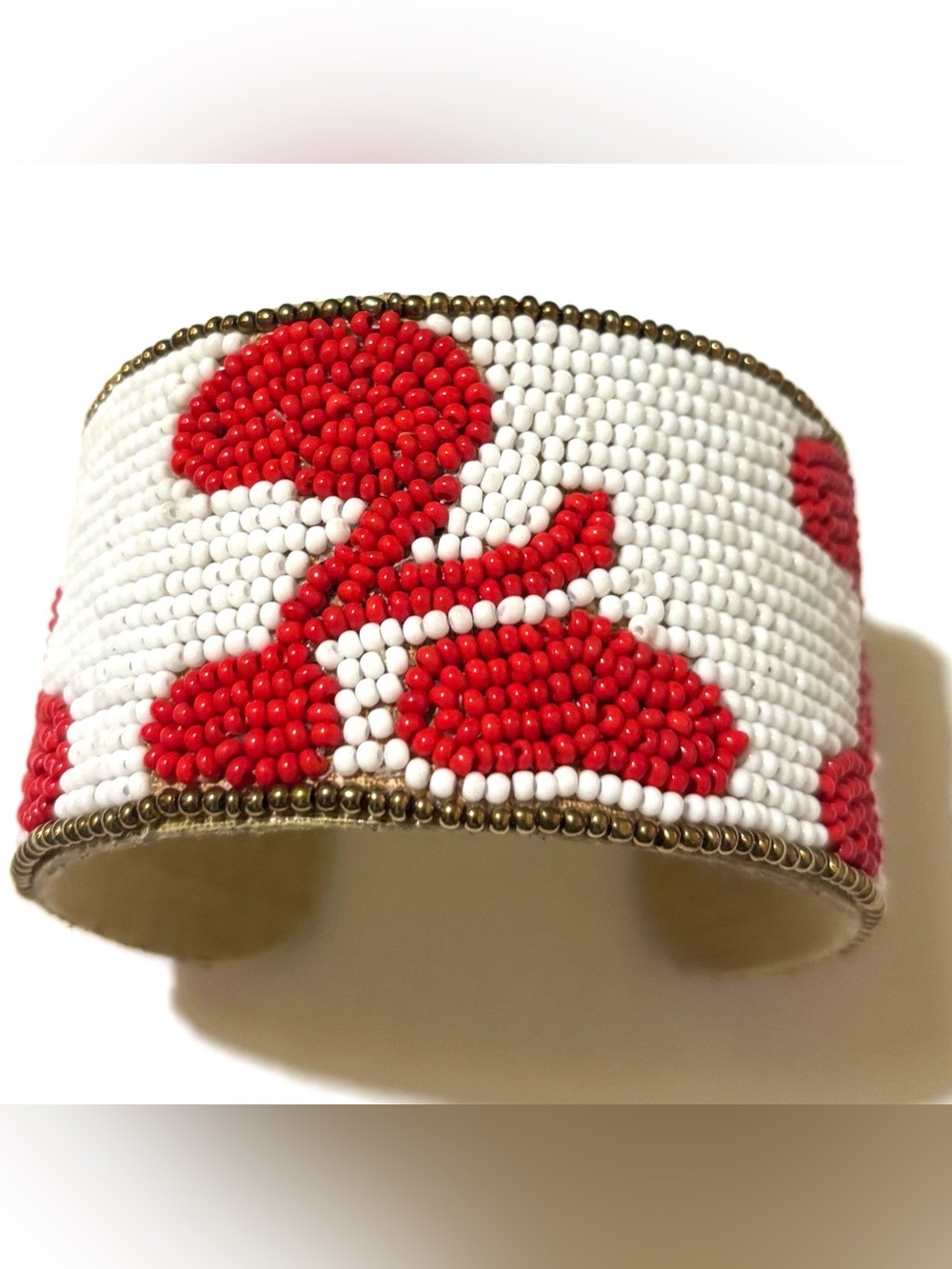 Beaded Floral Cuff Watch Bracelet in Red and White